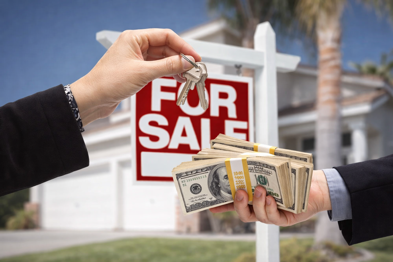 Cash home sale with keys exchanged between buyer and seller