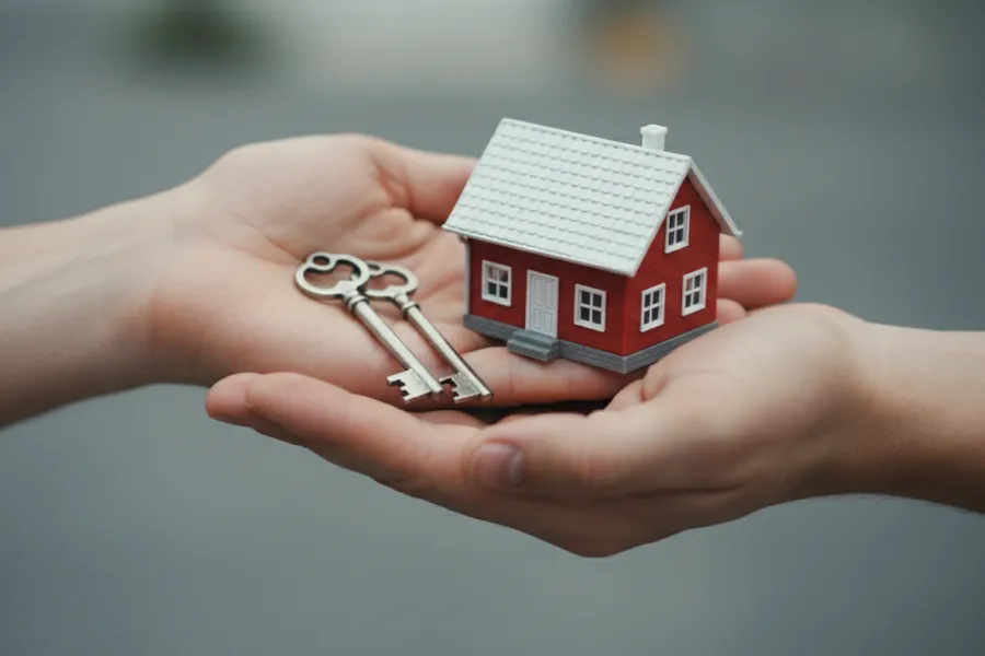 Hands holding red house model and keys