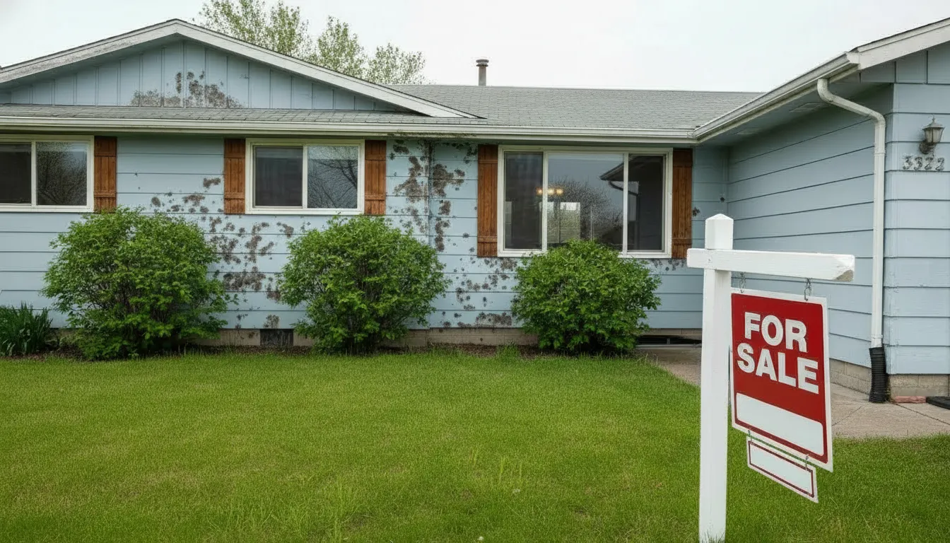 Worn Wyoming home with for sale sign needing cash buyer fast