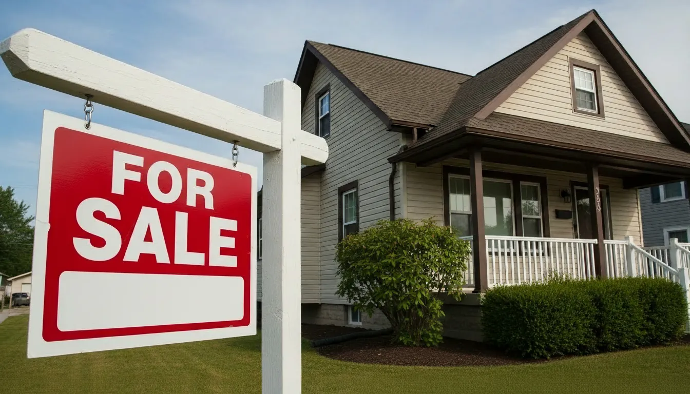 Modern family home with for sale sign and front porch