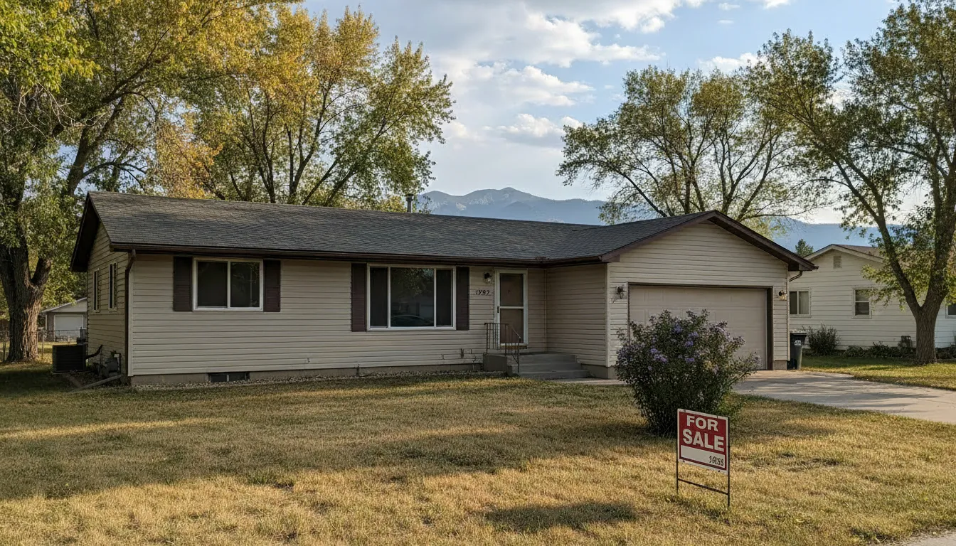 Ranch style house with for sale sign and mountain views in Wyoming