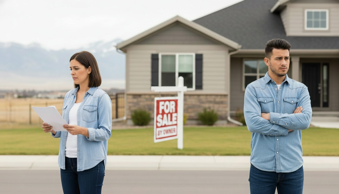 Divorced couple reviewing home sale paperwork outside house