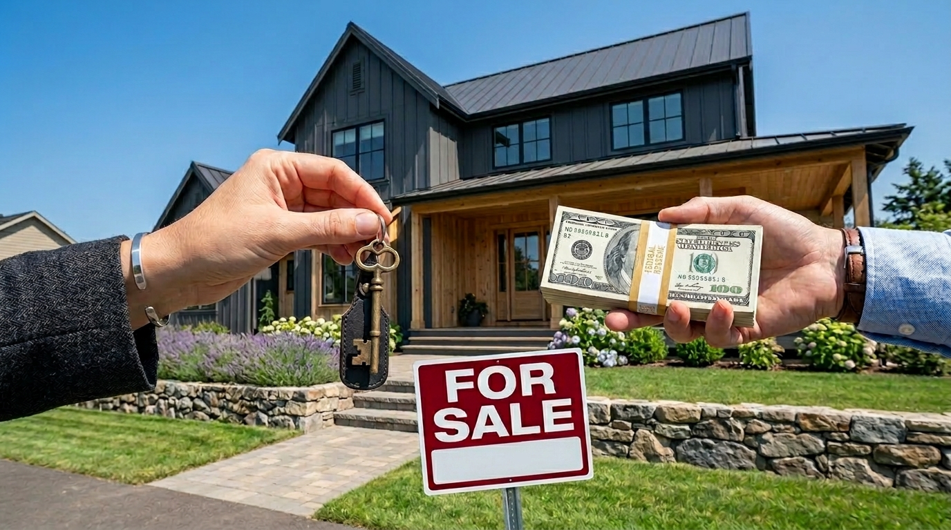 Fast cash home sale with keys and money exchanged outside