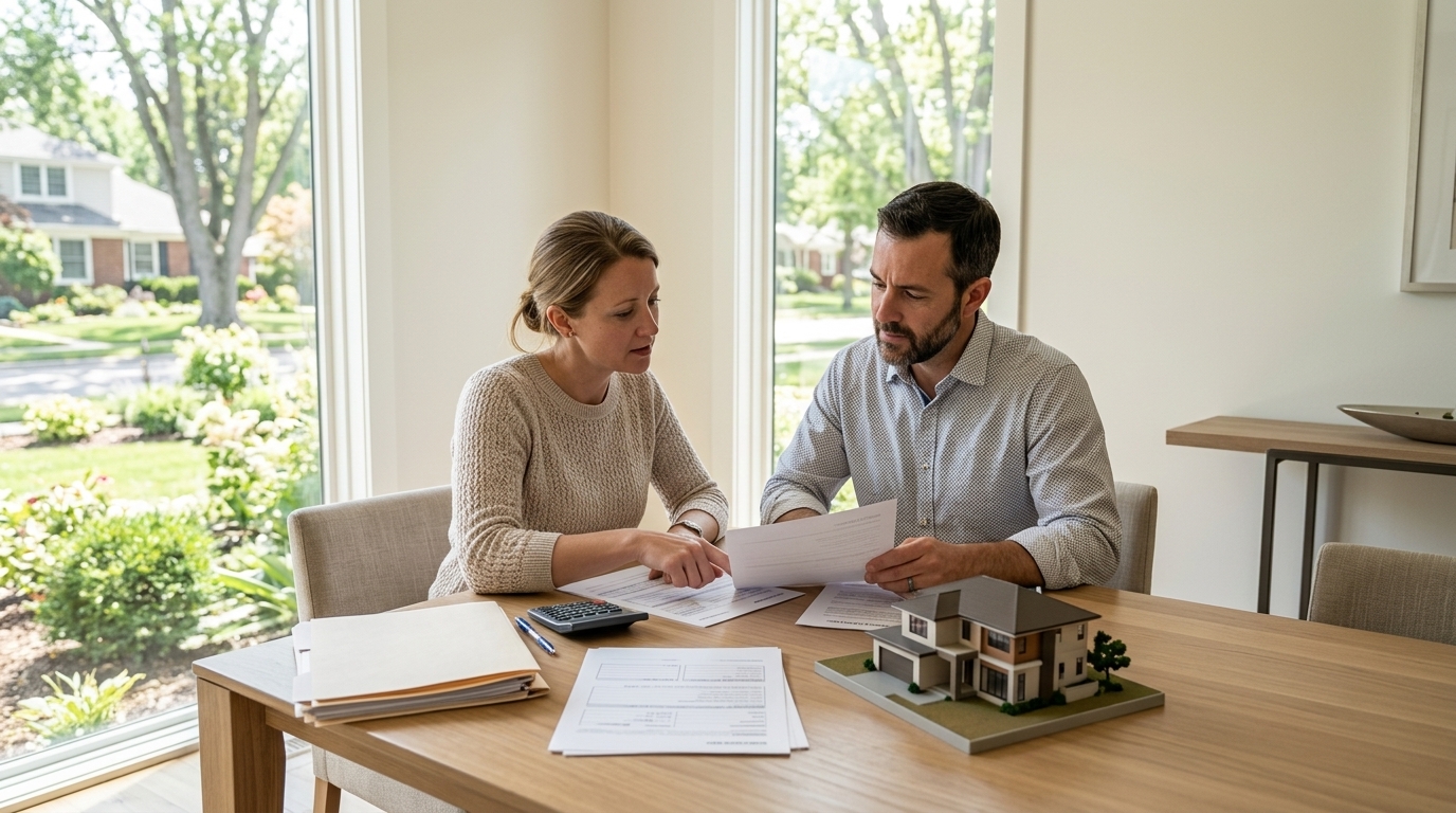 Couple reviewing home sale decisions during divorce