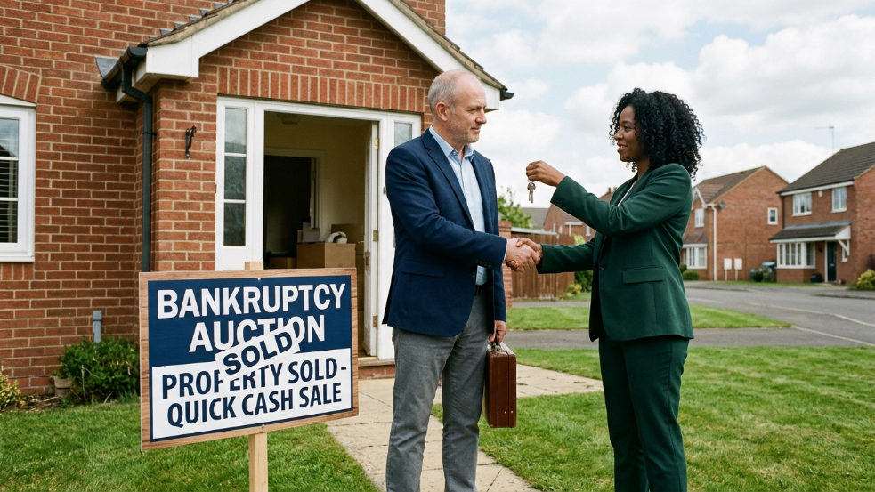 Cash buyer handing house keys during bankruptcy sale