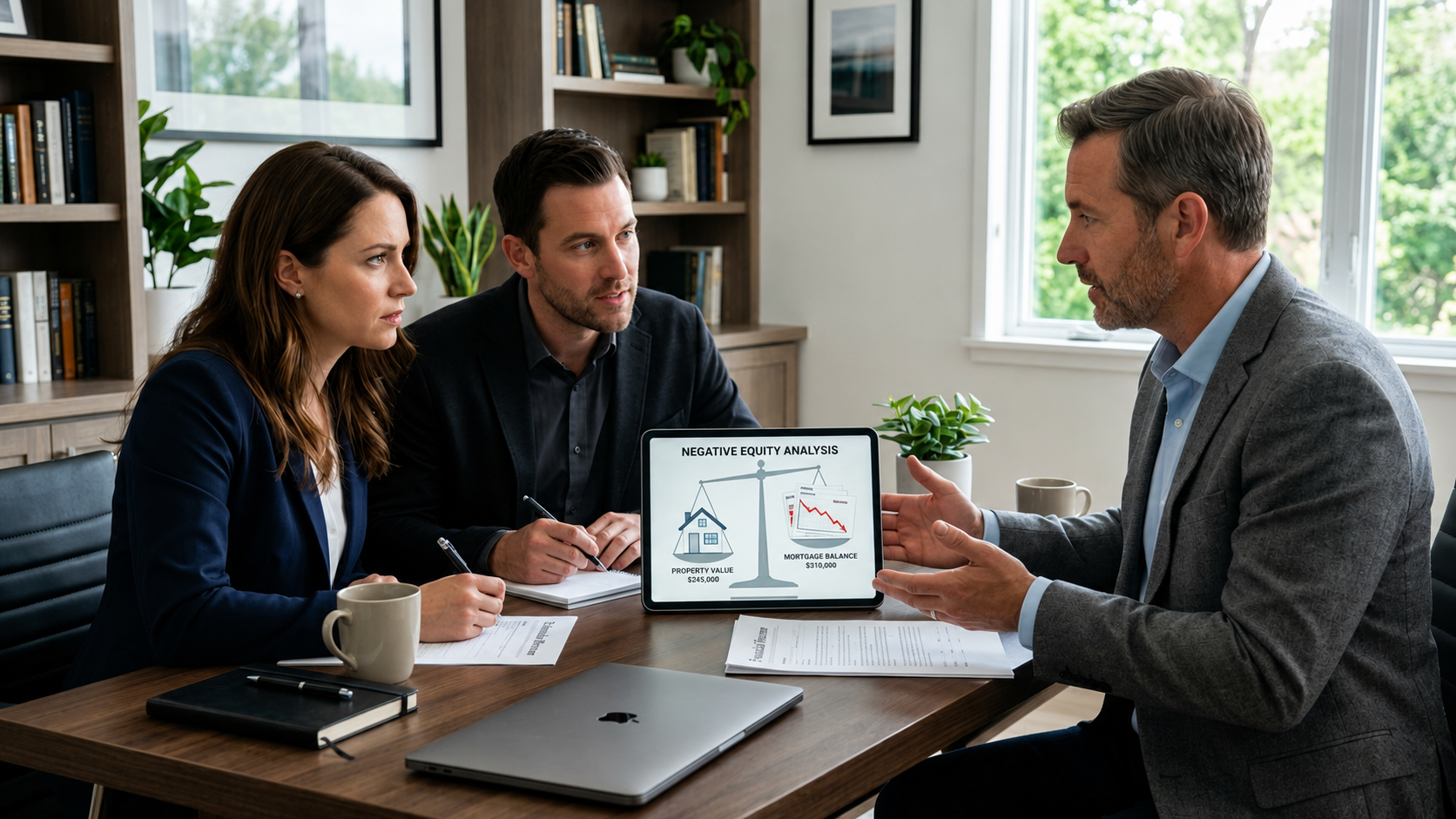 Homeowners discussing negative equity home sale options