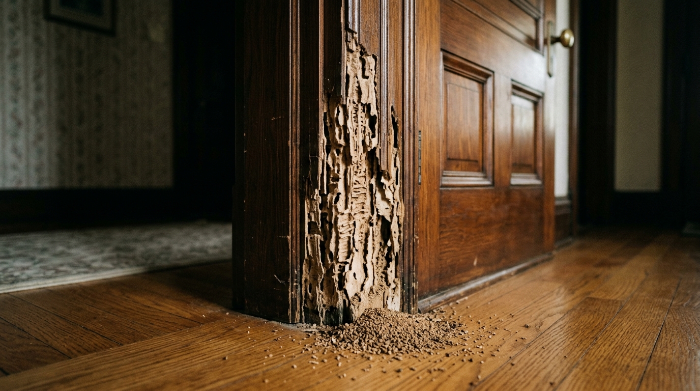 Termite damage on wooden door frame in a house